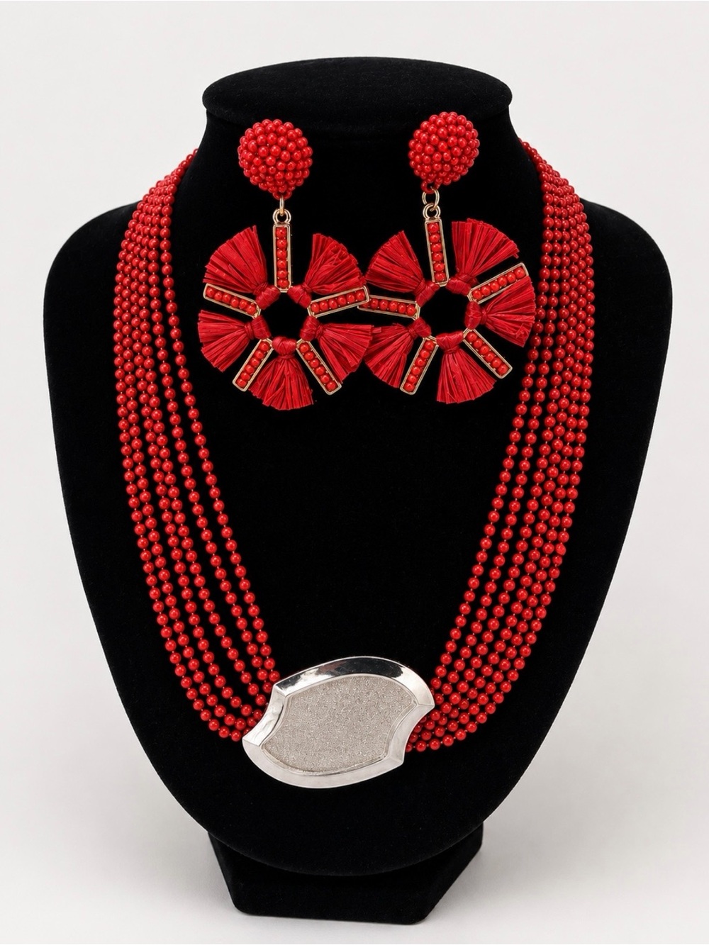 Red Beaded Statement Necklace & Earrings Set